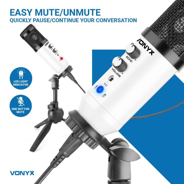 Vonyx CM320W USB Studiomikrofon med bordsställ - Vit