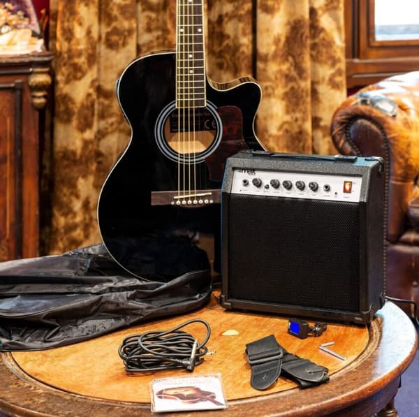 MAXMusic ShowKit Elekrisk stålsträngad akustisk gitarr paket svart