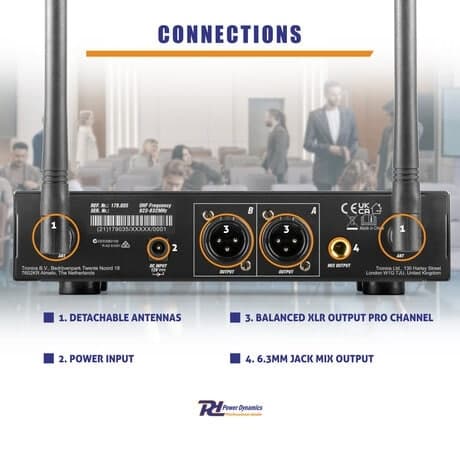 Power Dynamics PD220 2x 80-kanals UHF trådlös mikrofon True Diversity System HH