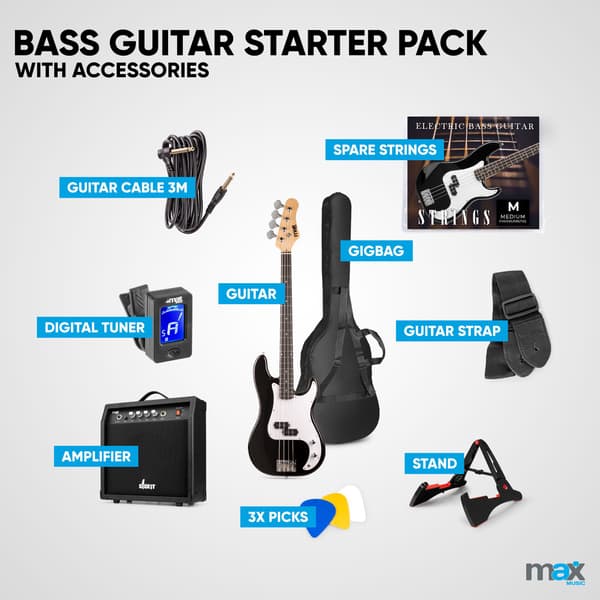 Max Gigkit basgitarr med 40 Watts förstärkare - Gitarrstativ - Gitarrväska - Svart