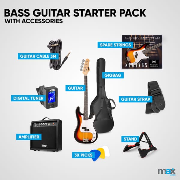 Max Gigkit basgitarr med 40 Watts förstärkare - Gitarrstativ - Gitarrväska - Sunburst