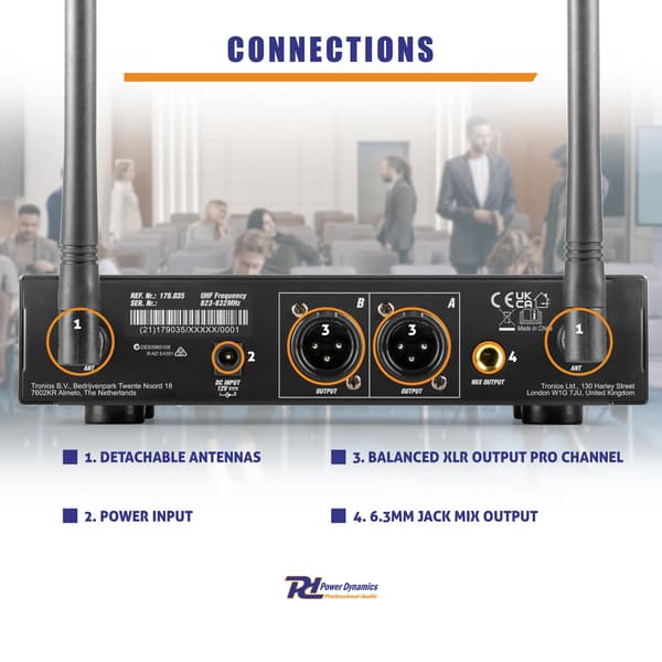 Power Dynamics PD220B 2x 80-kanals UHF trådlös mikrofon True Diversity System BP