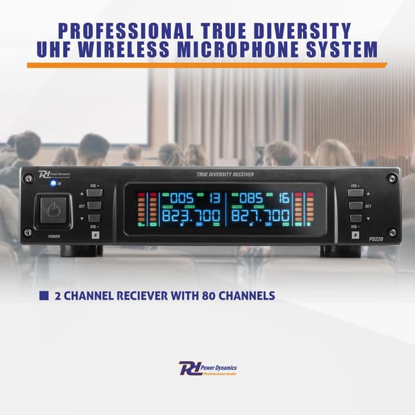 Power Dynamics PD220 2x 80-kanals UHF trådlös mikrofon True Diversity System HH