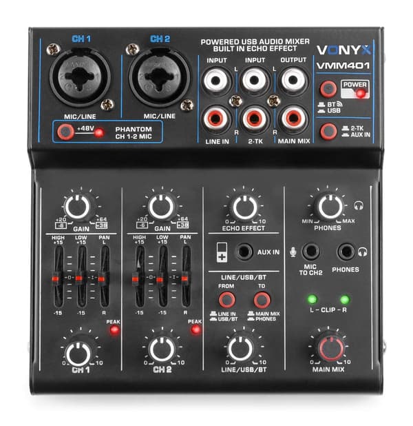 Vonyx VMM401 USB-mixer - 4-kanals mixer Bluetooth, USB-ljudgränssnitt
