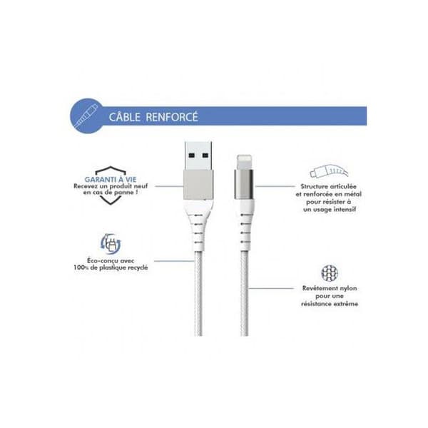 Förstärkt USB A/Lightning-kabel 2m - 2,4A Vit Force Power Vit