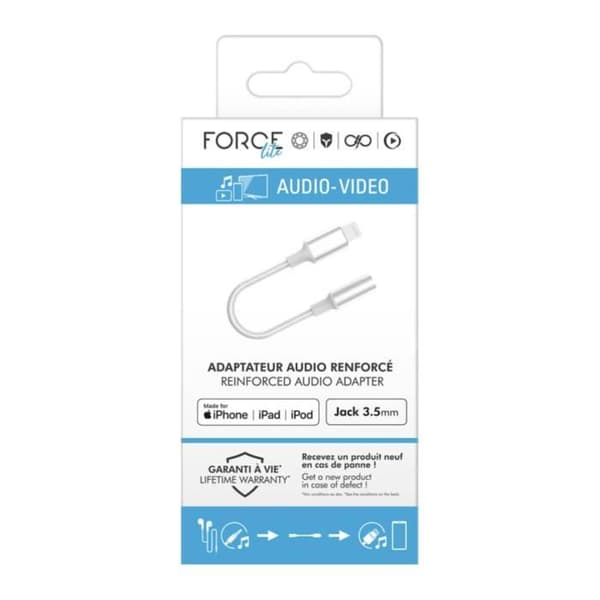 Ljudadapter - FORCE POWER - Lite - Lightning till Jack 3.5mm - Vit - Förstärkt - Mikrofon