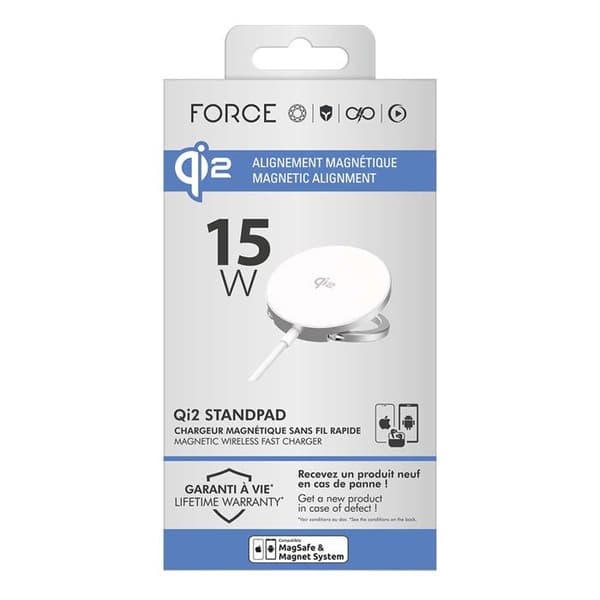 Trådlös Magnetisk Laddare - FORCE POWER - 15W Qi2 - Fällbart Stöd - USB-C Vit