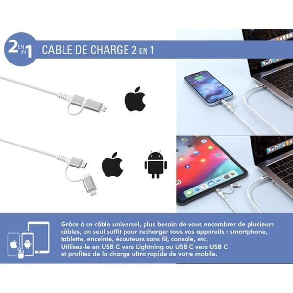 Laddkabel - FORCE POWER - Lite - 2 i 1 USB-C/Lightning - PD 60W (3A) - Förstärkt 1,2 m