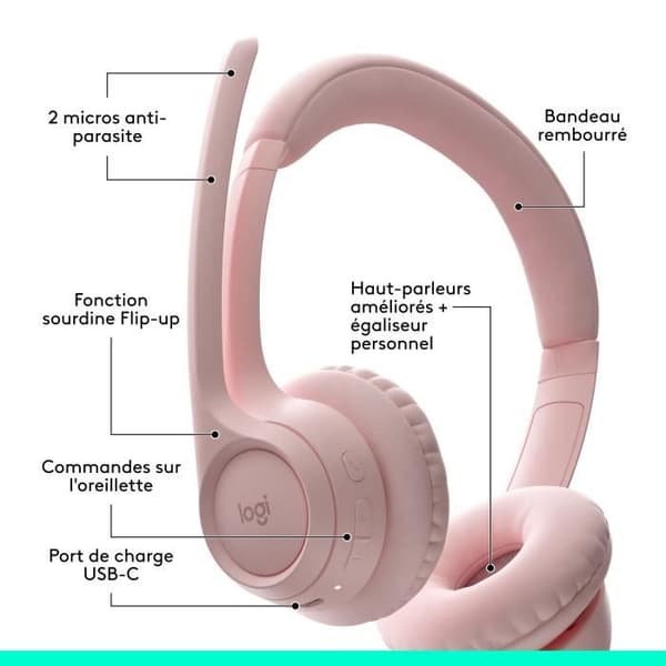 Hörlurar - Trådlösa - Logitech - Zone 300 - Bluetooth - Störningsskydd - Rosa