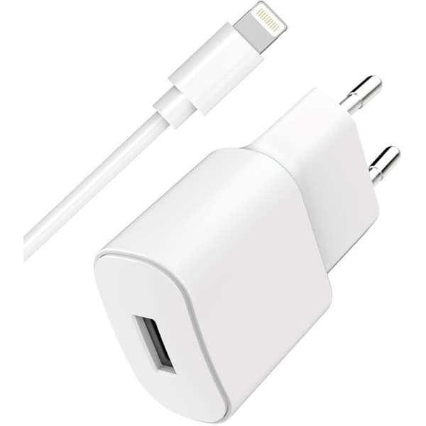 Nätadapter - USB A-laddare 2.4A - Snabbladdning - USB A/Lightning-kabel - Vit