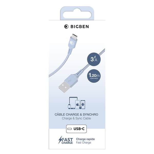 USB-A till USB-C-kabel - BigBen - 1.2m - FastCharge 15W - 3A - Polyesterflätad Blå