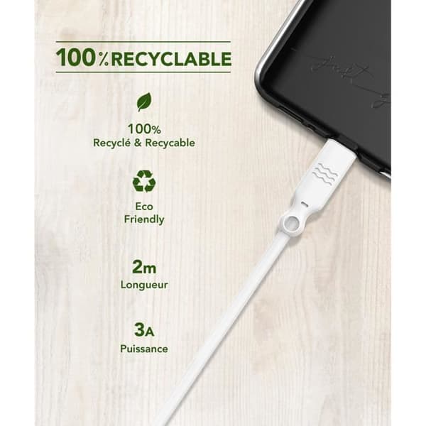 USB C-kabel - Just Green - 2 m - 100 % Återvinningsbart - 3A - Vit