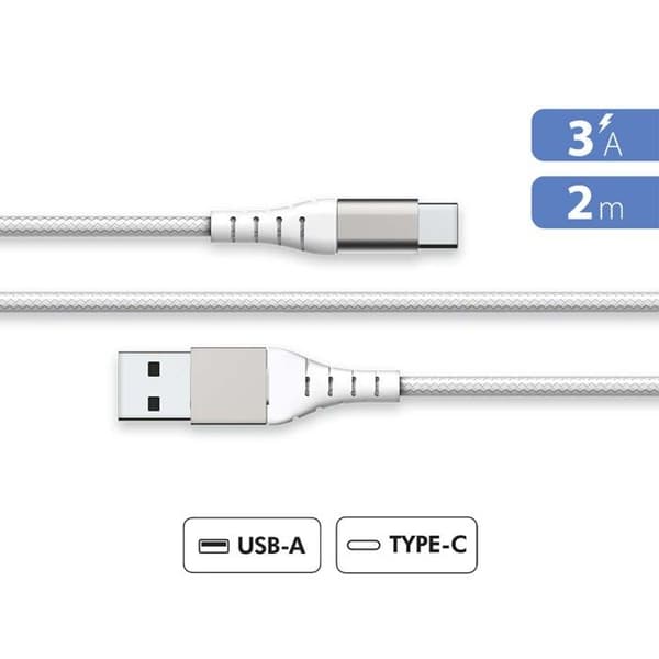 USB A/USB C-kabel - FORCE POWER - 2m - 3A - Vit - Förstärkt - Livstidsgaranti