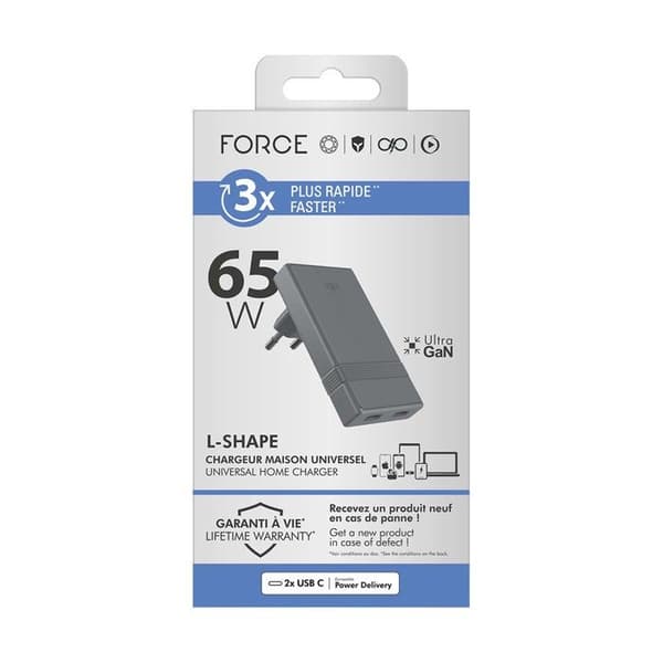 Nätadapter - FORCE POWER - Serie L Shape - 65W PD - 2x USB-C - GaN - Grå