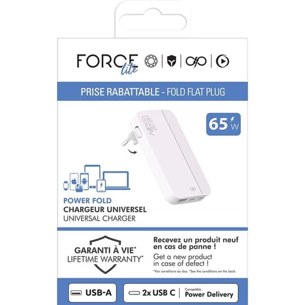 Nätadapter - FORCE POWER - Force Power Lite - 65W - USB-A + 2 USB-C - Fällbar GaN Vit