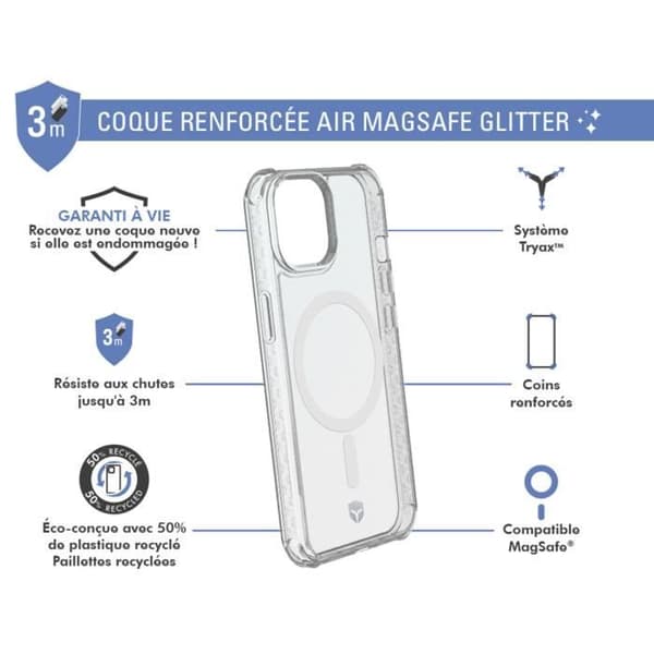Coque - FORCE CASE - iPhone 13 / 14 - Förstärkt AIR - Transparent - Glitter