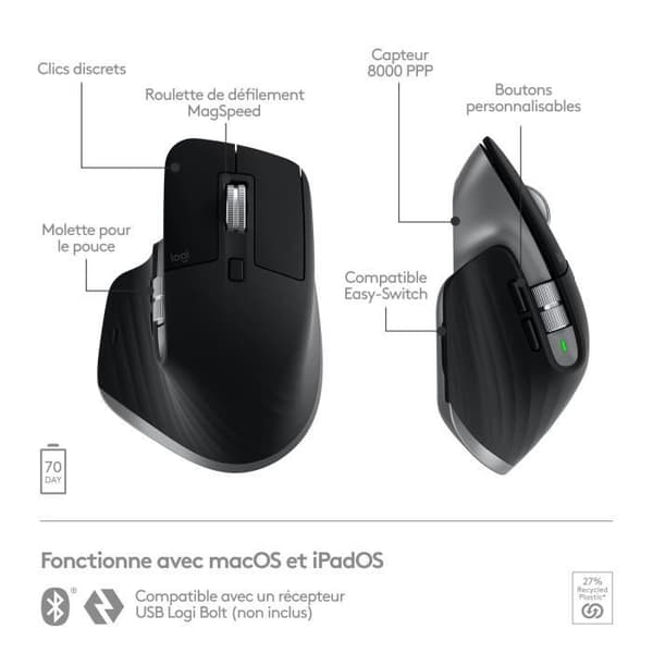 Skrivbordsmus - Trådlös - Logitech - MX Master 3S - Sideral Grå - För Mac