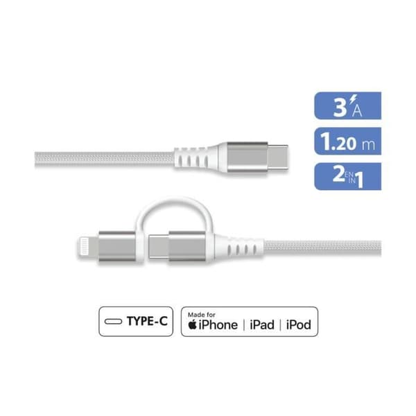 Laddkabel - FORCE POWER - Lite - 2 i 1 USB-C/Lightning - PD 60W (3A) - Förstärkt 1,2 m