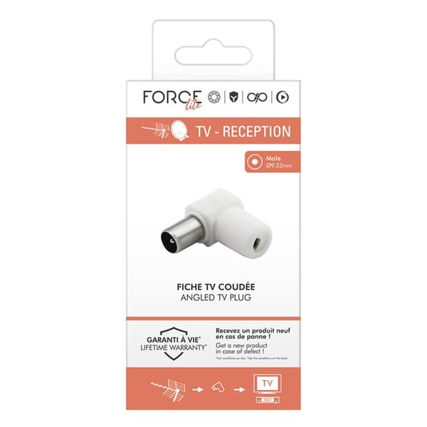 Fiche TV Koaxial 9.52mm Böjd Hane Störningsskydd Kraft Vit