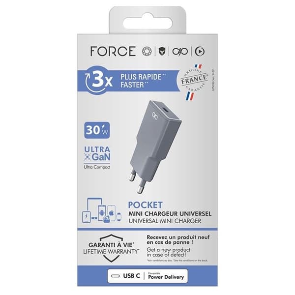 USB-A laddare - FORCE POWER - Pocket 30W - UltraGaN - Power Delivery - Grå
