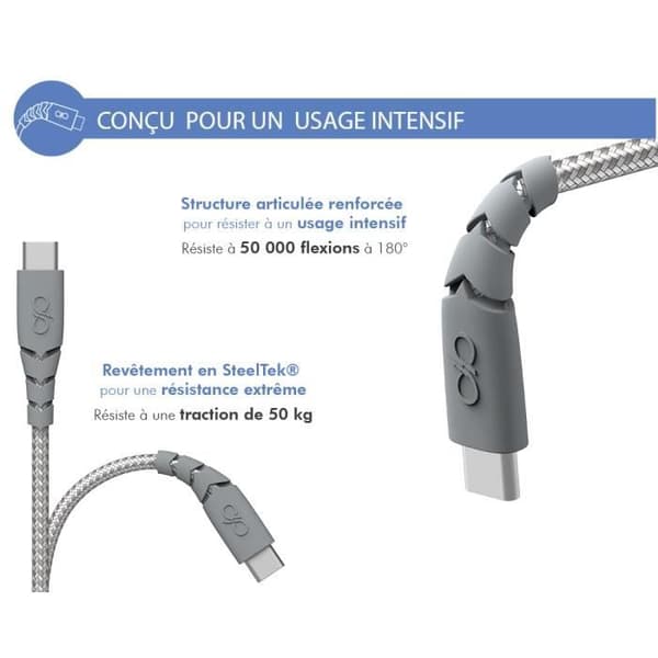 USB A/USB C-kabel - Force Power - Ultra förstärkt - 2m - 3A - Livstidsgaranti - Grå