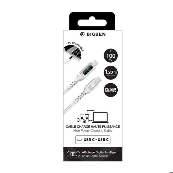 USB-C-kabel - BIGBEN - 1,2 m - PD 100W - Digital effektdisplay - Vit flätad nylon