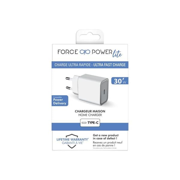 Laddare för hemmet - Force Power Lite - USB C - 30W - Power Delivery - Vit