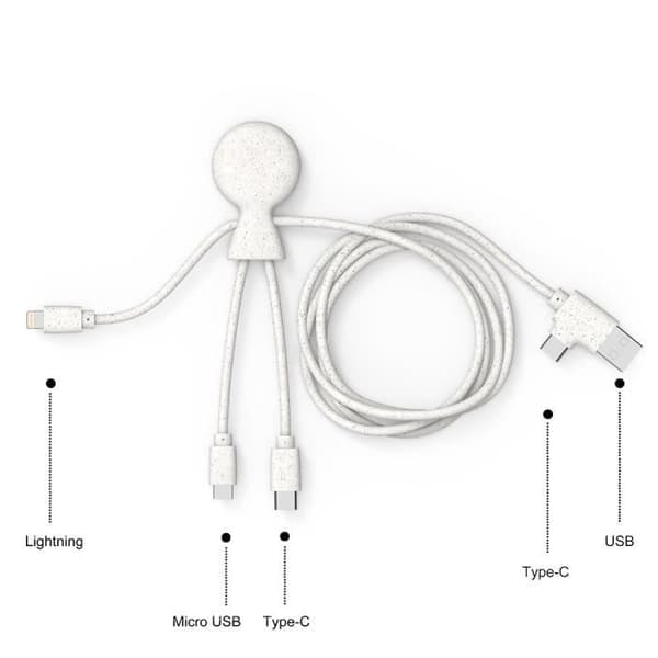 USB-kabel - Xoopar - Mr BIO - 1m - Vit - USB A, micro USB, USB C, Lightning