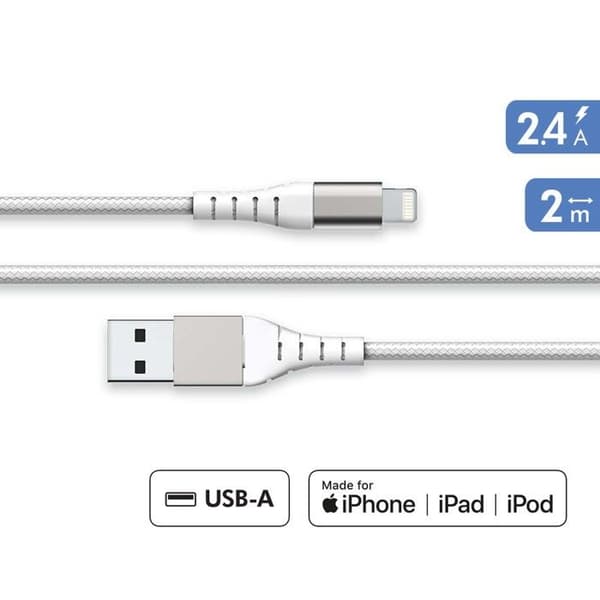 Förstärkt USB A/Lightning-kabel 2m - 2,4A Vit Force Power Vit