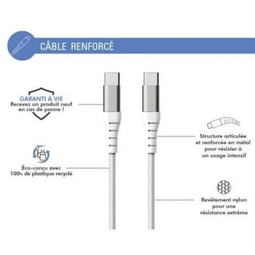 Förstärkt USB C-kabel - Kraft 3A - 3m - Flätad nylon - Livstidsgaranti