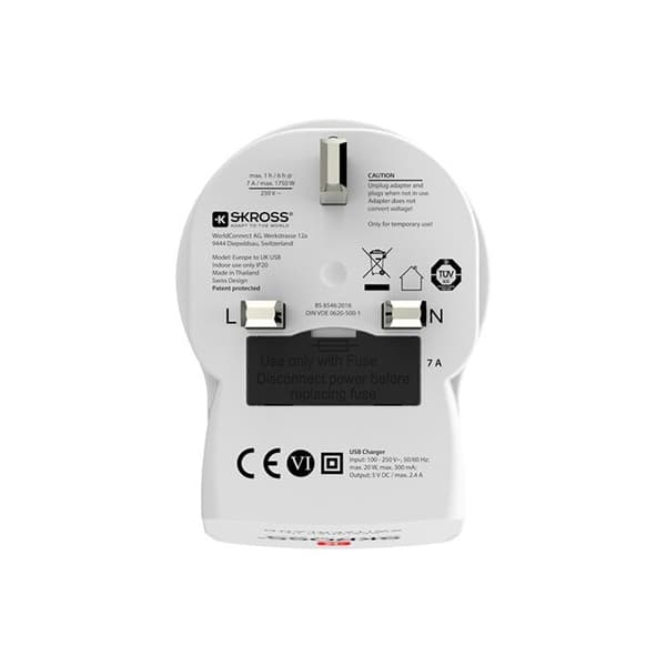 Adaptör - Skross - EUROPE TILL UK - 2 USB - Vit - Inomhus