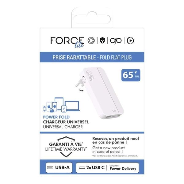 Nätadapter - FORCE POWER - Force Power Lite - 65W - USB-A + 2 USB-C - Fällbar GaN Vit
