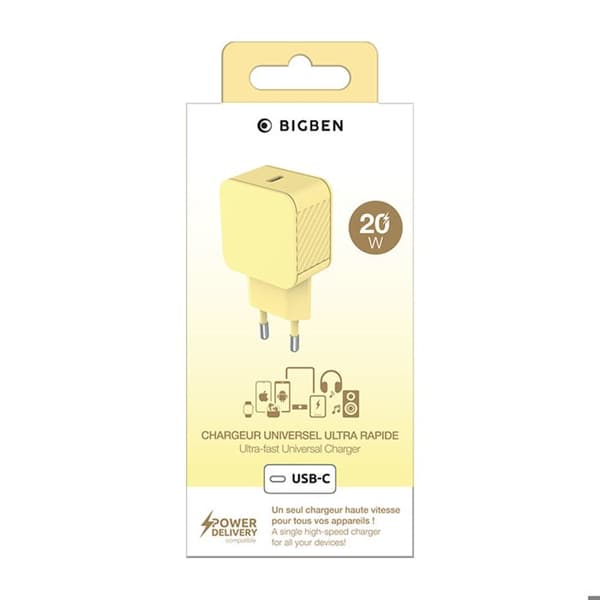 USB-C 20W Power Delivery Snabbladdare BigBen Gul