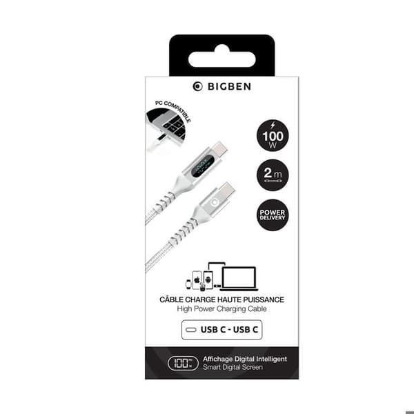 USB-C-kabel - BIGBEN - PD 100W 2m - Digital effektdisplay - Flätad nylon - Vit