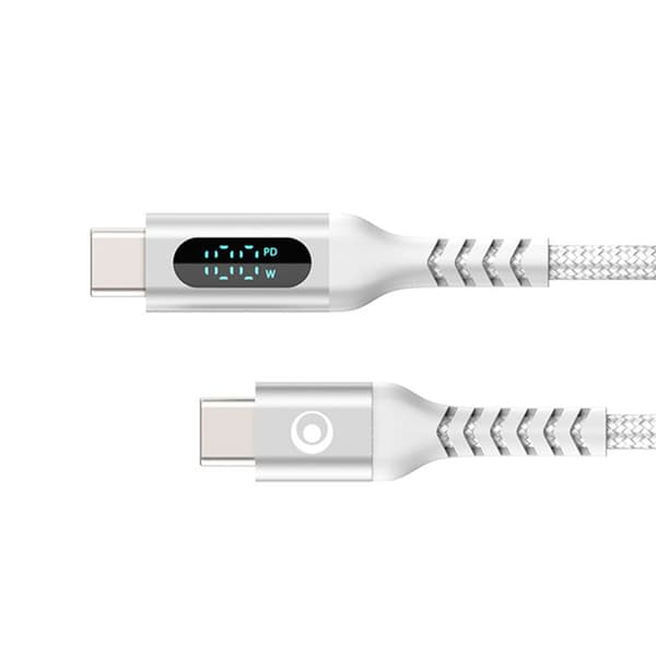 USB-C-kabel - BIGBEN - 1,2 m - PD 100W - Digital effektdisplay - Vit flätad nylon