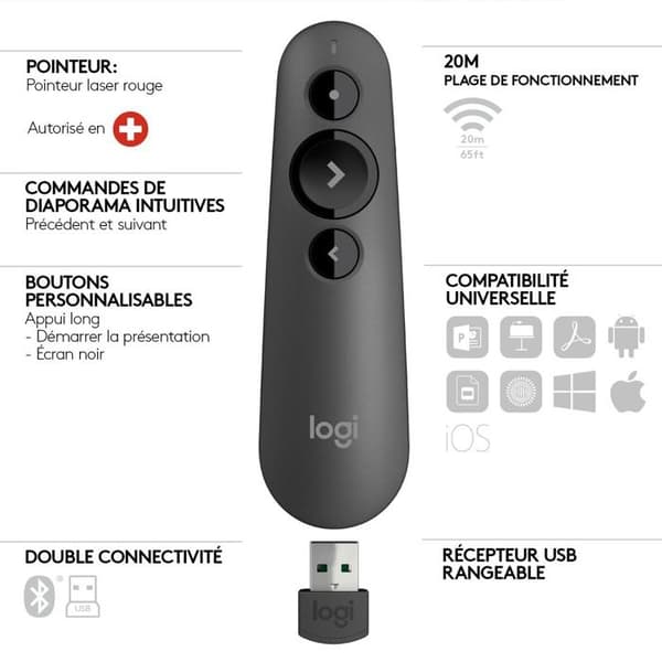 Presentationsfjärrkontroll - Logitech - R500 - Grafit - Trådlös - Laser