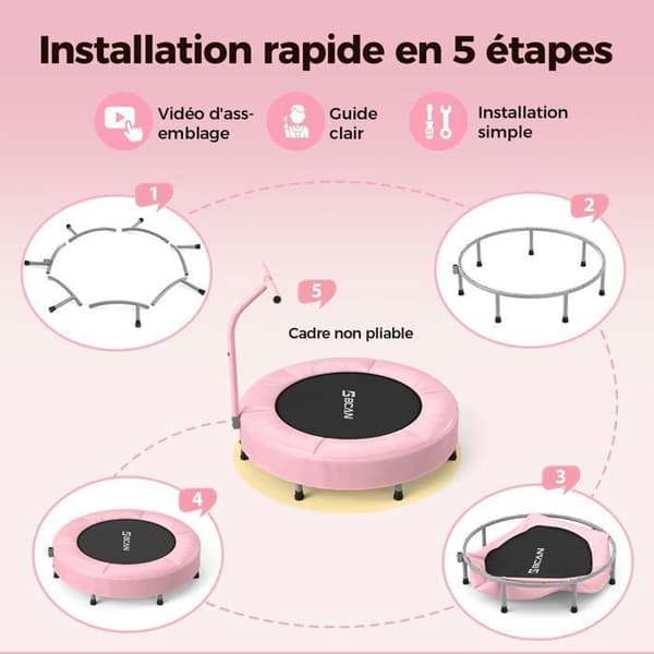 Trampolin - Mini Rebounder BCAN - 91 cm - Med säkerhetsbåge och vikbara ben - Rosa