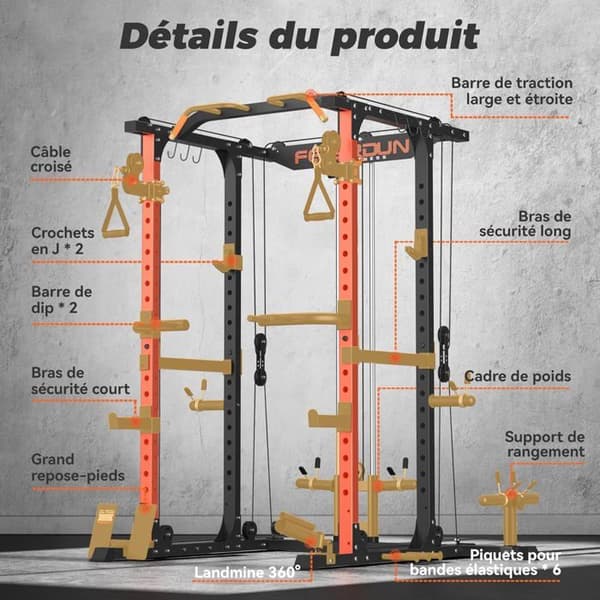 Power Cage Support multifunktion - FEIERDUN - kabelövergångssystem - MAX 907 kg - LAT Pulldown - Hemgym 10 i 1