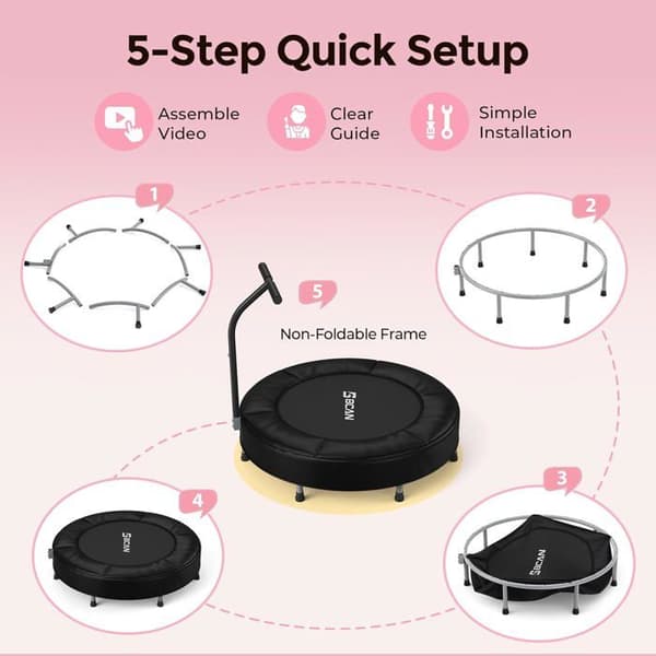 Trampolin Mini - Rebounder BCAN - 91 cm - Med säkerhetskuddar och vikbara ben - Svart