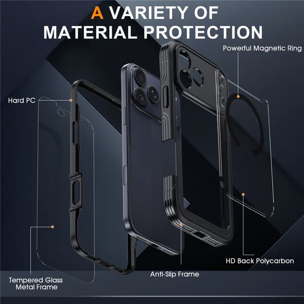 SKALO Shockproof Clear Hybrid+Skærmbeskyttelse Cover til iPhone 18 Pro Max - Sort