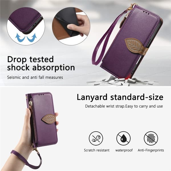 SKALO PU-Läder Lövdesign Plånboksfodral för iPhone 18 Pro - Lila