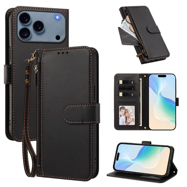 SKALO PT 30 Zipper PU-Læder Flip Cover til iPhone 18 Pro Max - Sort