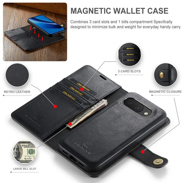 DG MING 2-i-1 Magnet Plånboksfodral för Google Pixel 10a - Svart