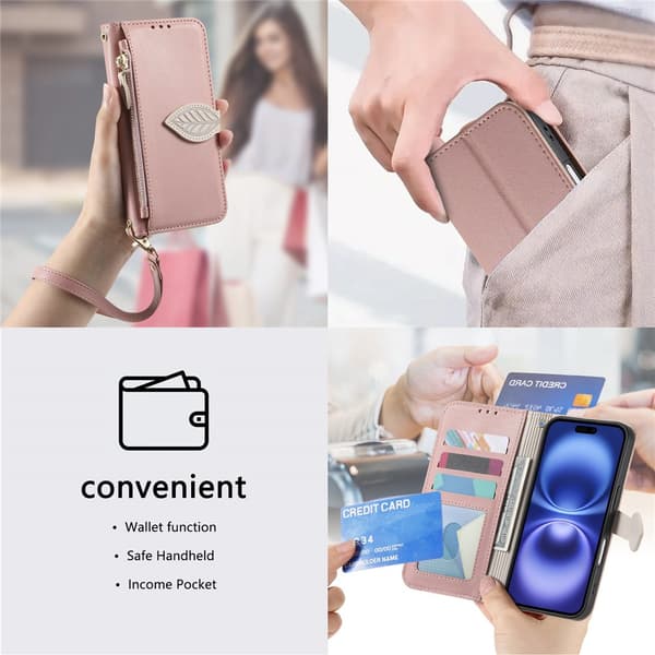 SKALO PU-Läder Lövdesign Plånboksfodral för iPhone 18 Pro Max - Roséguld