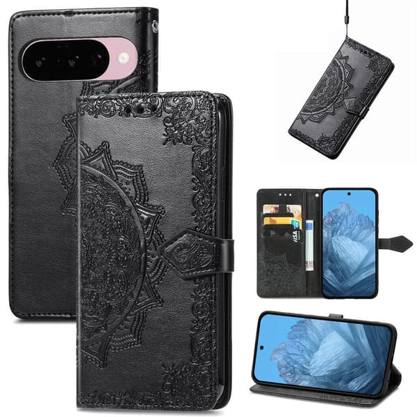 SKALO Mandala Flower Flip Cover til Google Pixel 11 - Sort