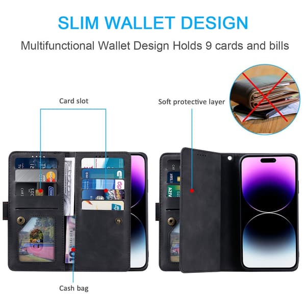 SKALO Big Wallet 9-LOMMER Flip Cover til iPhone 18 Pro Max - Sort