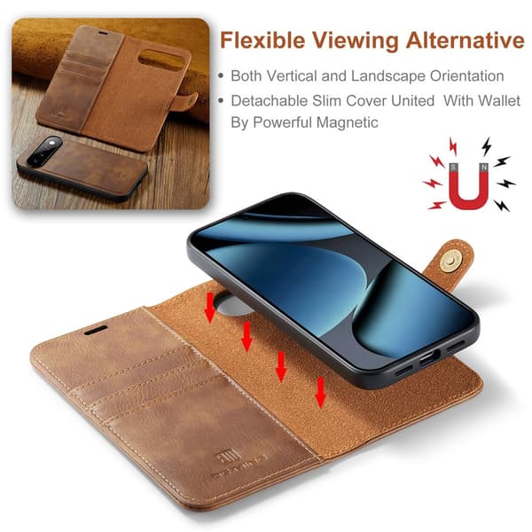 DG MING 2-i-1 Magnet Flip Cover til Google Pixel 11 Pro - Brun