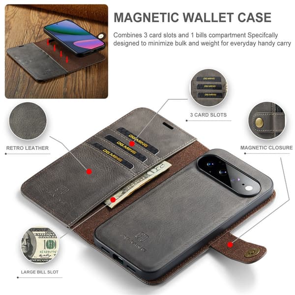 DG MING 2-i-1 Magnet Plånboksfodral för Google Pixel 11 Pro XL - Grå
