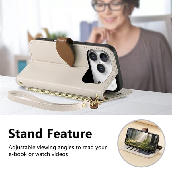 SKALO PU-Läder Lövdesign Plånboksfodral för iPhone 18 Pro Max - Beige