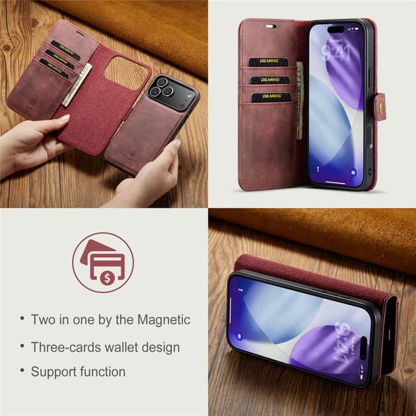 DG MING 2-i-1 Magnet Flip Cover til iPhone 18 Pro - Rød